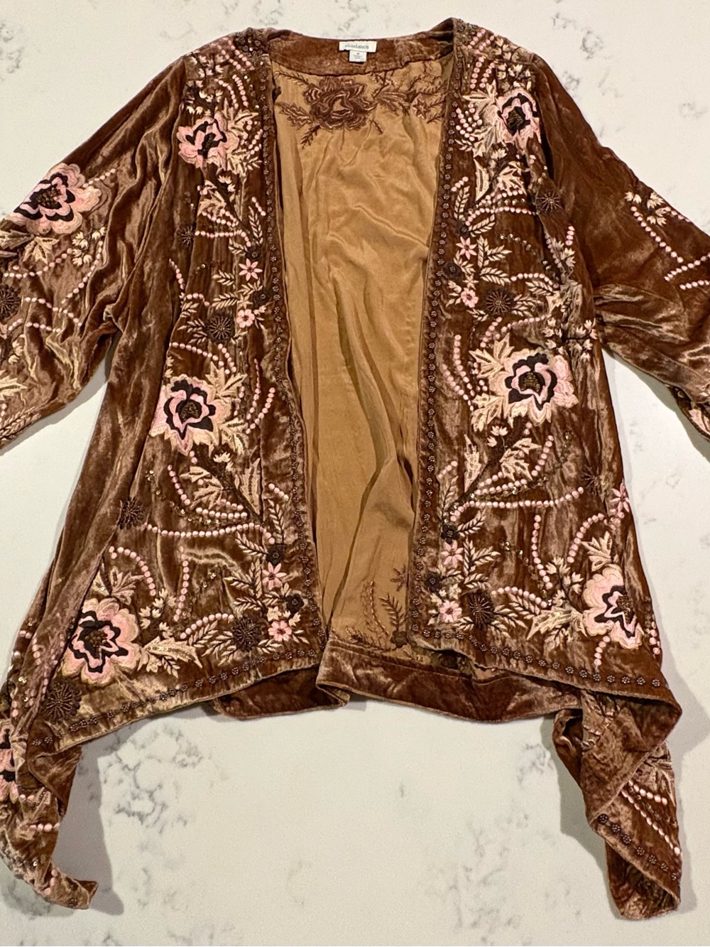 Sundance Brown Velvet Open-Front Embroidered Shrug with Pink Floral Accents